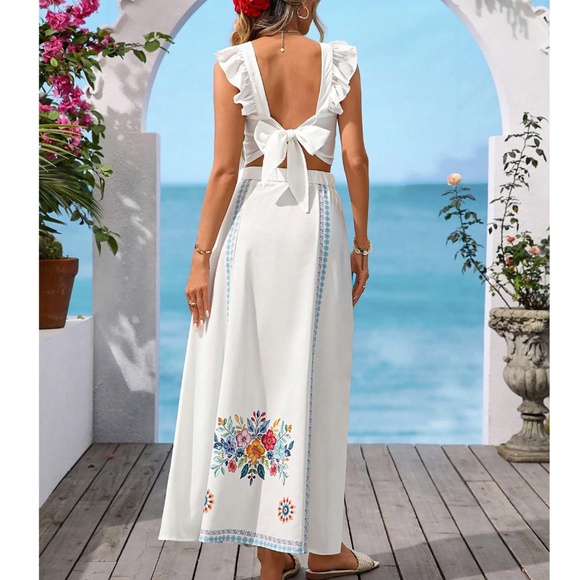 Boho Floral Print Ruffle Cap Sleeve Cropped Top Maxi Skirt Set - Picture 3 of 8